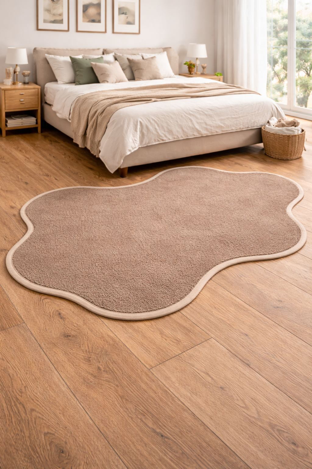 Organisch geformter Maßteppich im Schlafzimmer